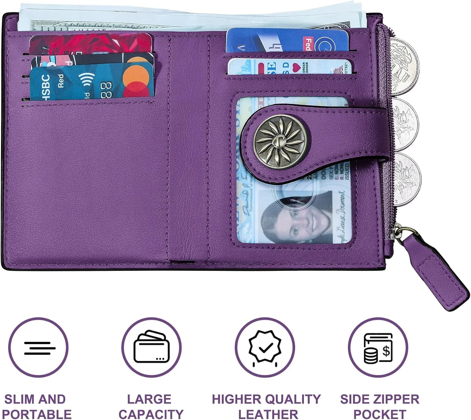Small Leather Bifold Wallet with Zipper Coin Pocket