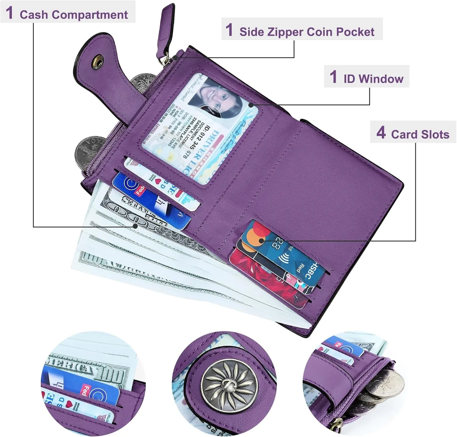 Small Leather Bifold Wallet with Zipper Coin Pocket
