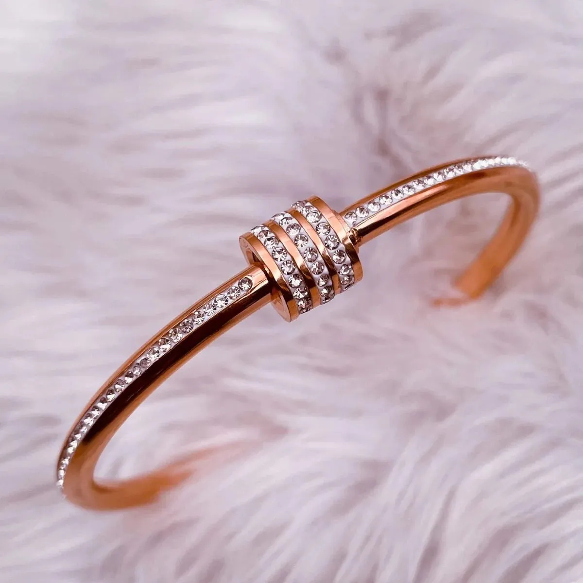 Studded Lock Cubic Zirconia - 18K Gold Stainless Steel Openable Kada Bangle for Women