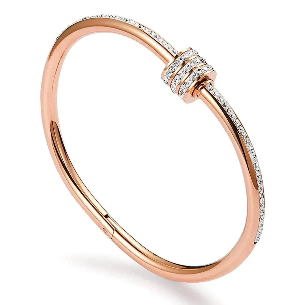 Studded Lock Cubic Zirconia - 18K Gold Stainless Steel Openable Kada Bangle for Women