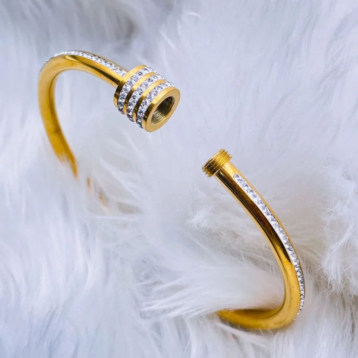 Studded Lock Cubic Zirconia - 18K Gold Stainless Steel Openable Kada Bangle for Women