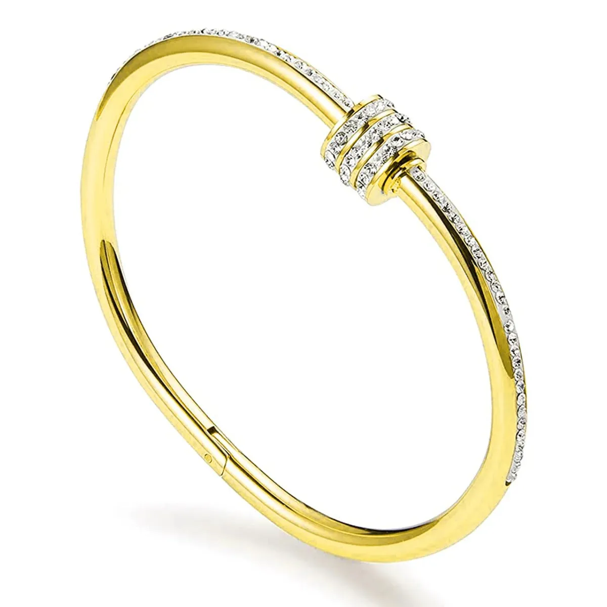 Studded Lock Cubic Zirconia - 18K Gold Stainless Steel Openable Kada Bangle for Women