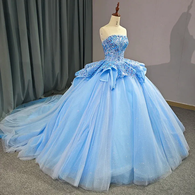 Stylish Strapless Lace Up Quinceanera Dresses Sequins Ball Gown