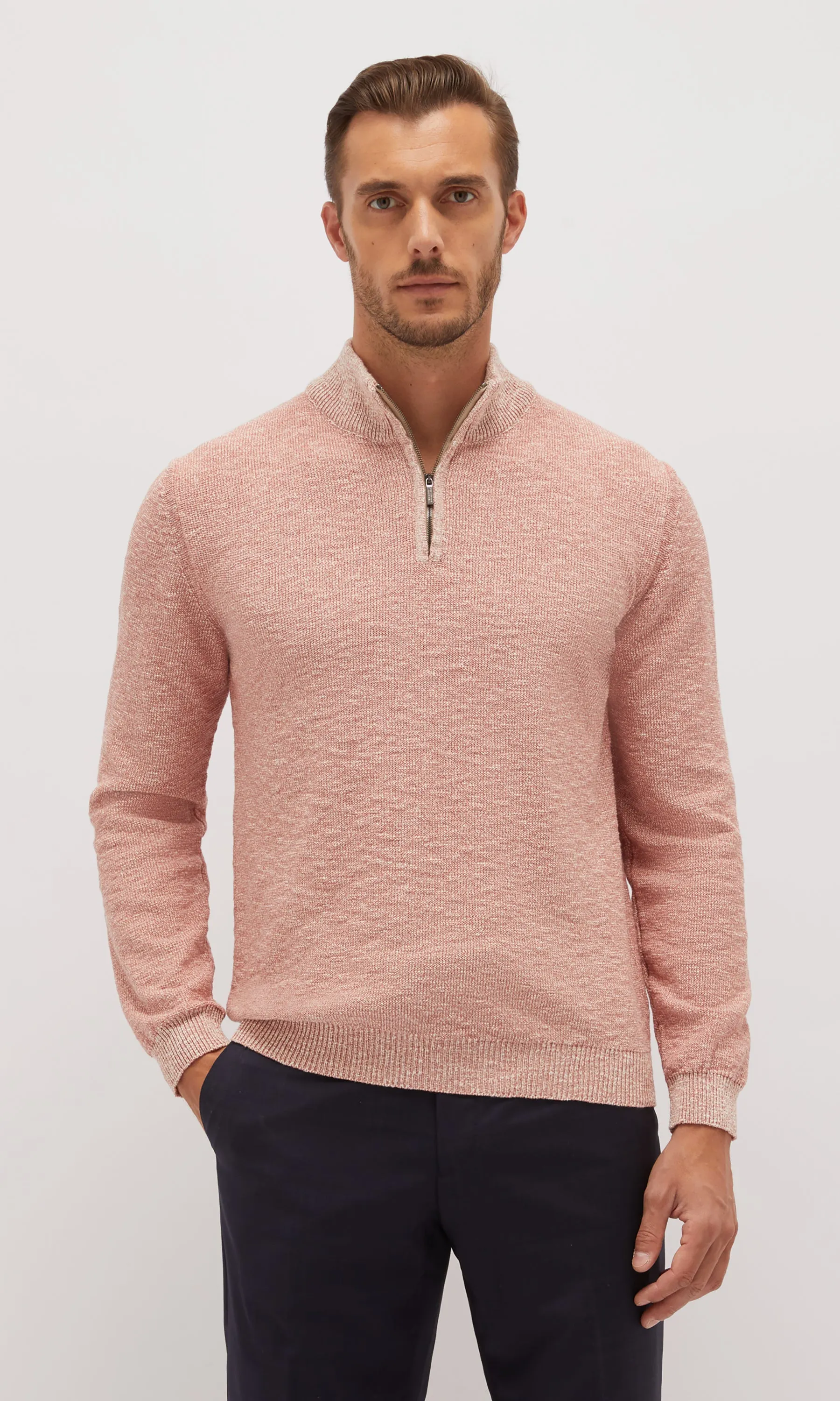 SUMMER MOULINE MOCK ZIP SWEATER - LOBSTER