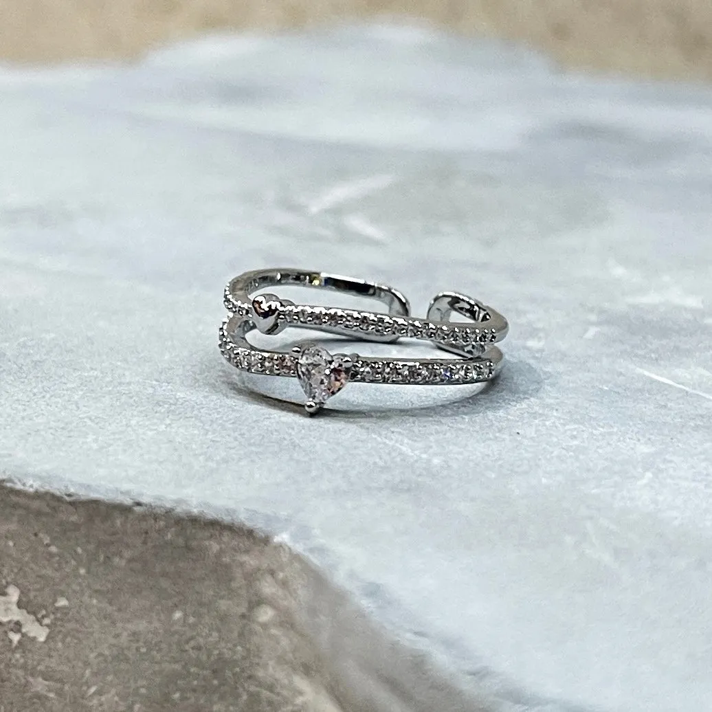 Sweet Heart Sparkling Stone Adjustable Band Ring, Elegant 
