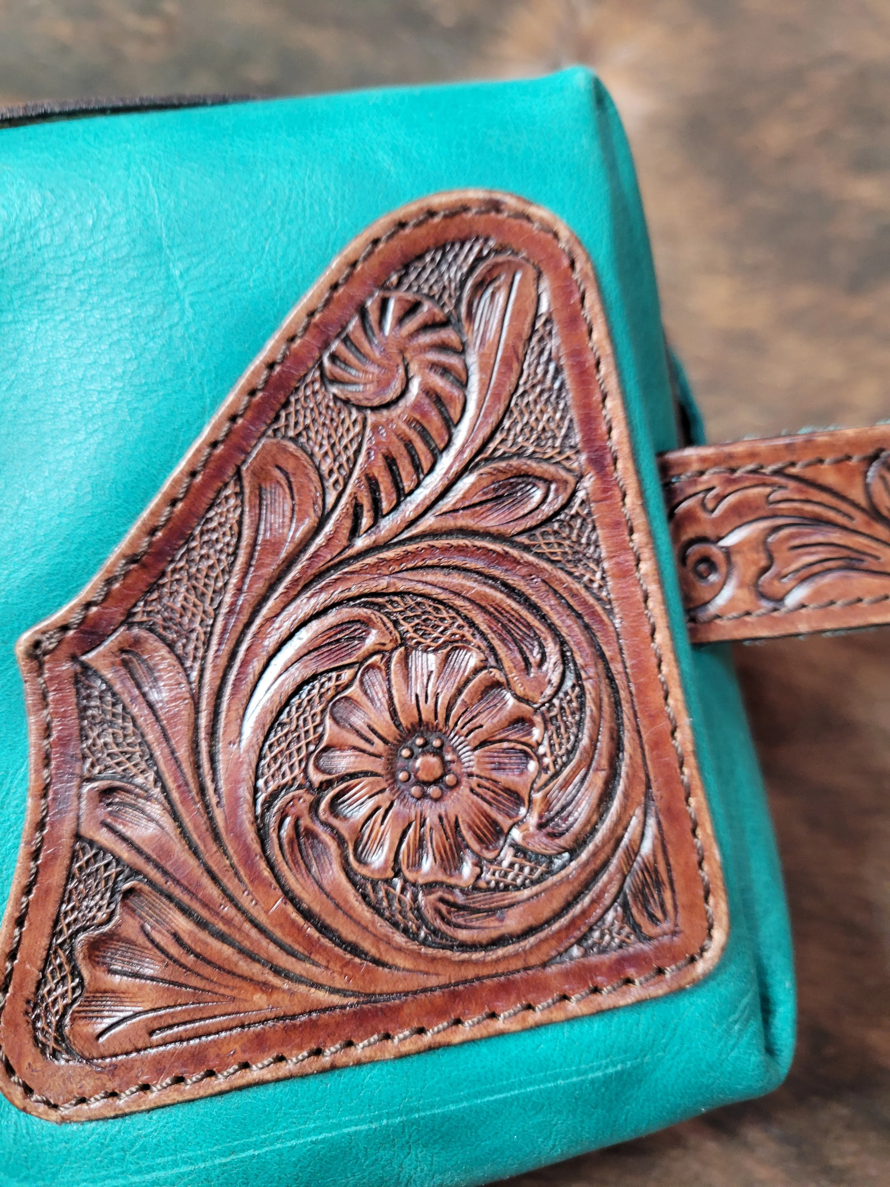 Turquoise Tooled Leather Cosmetic Bag