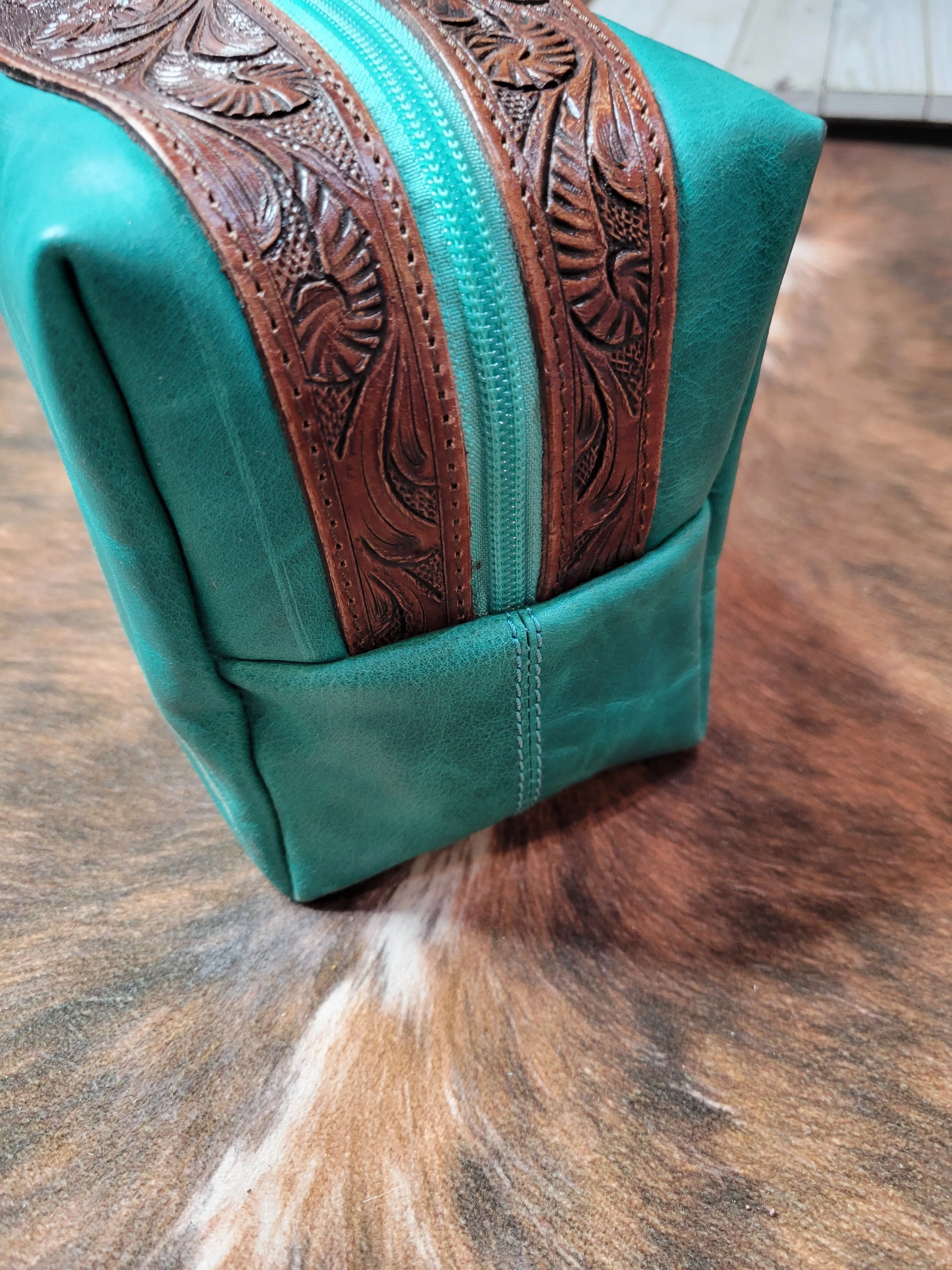 Turquoise Tooled Leather Cosmetic Bag