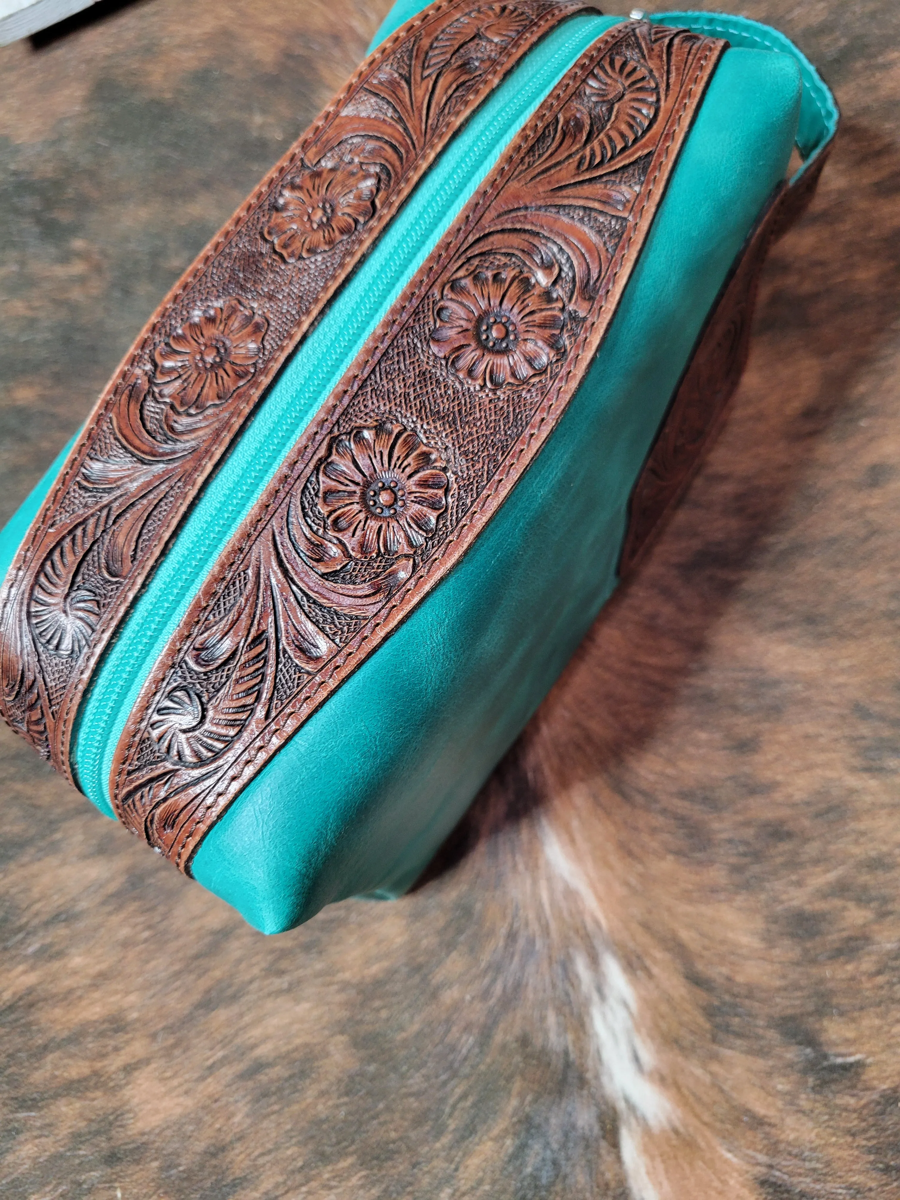 Turquoise Tooled Leather Cosmetic Bag