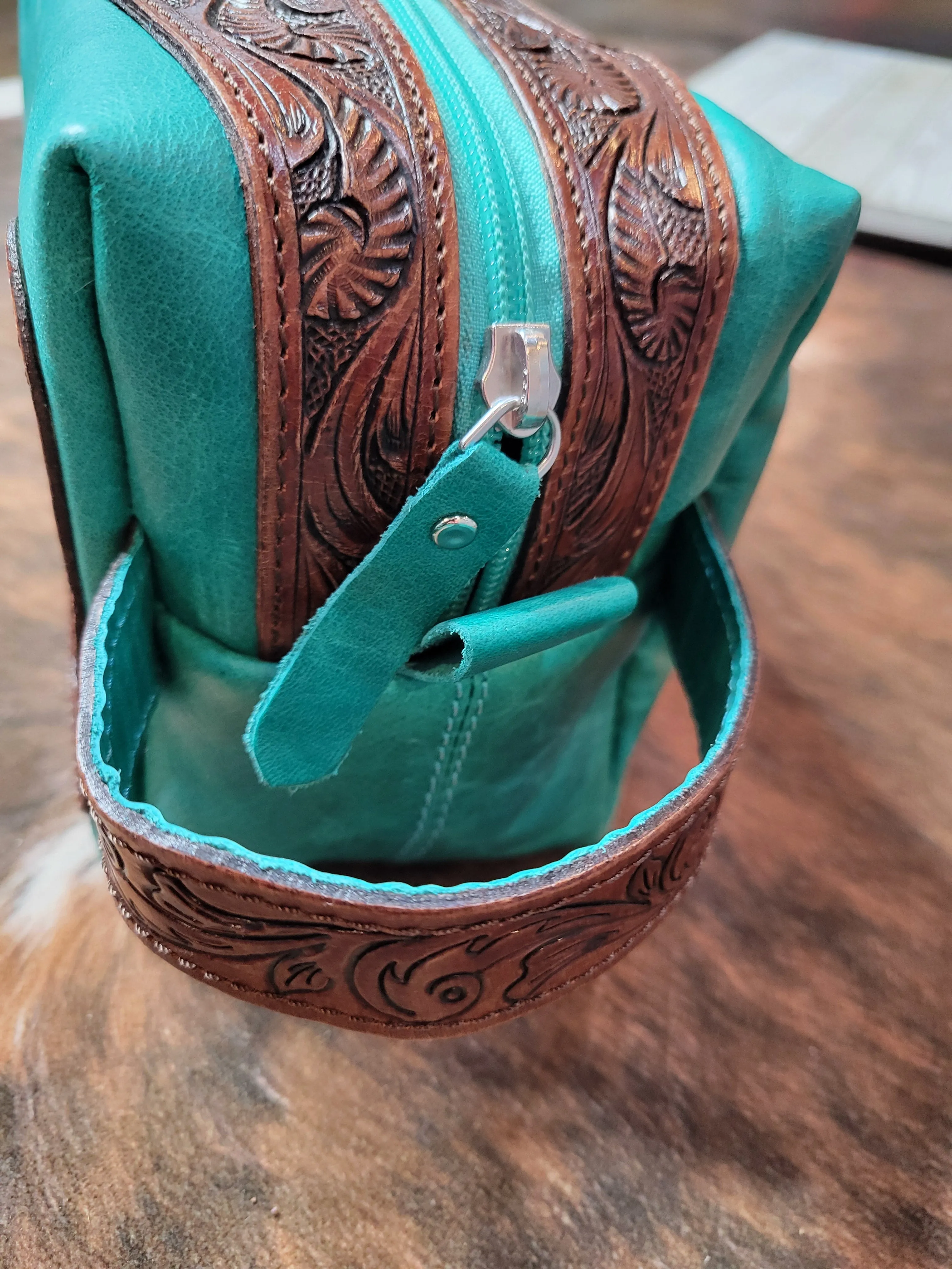Turquoise Tooled Leather Cosmetic Bag