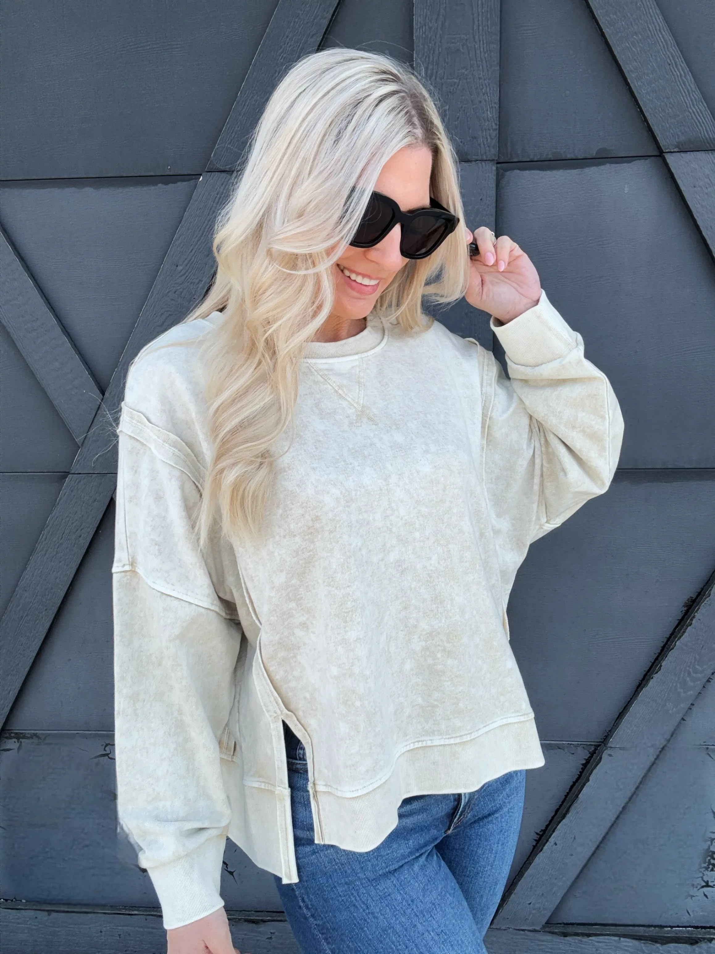 Washed Extended Shoulder Crewneck In Oatmeal