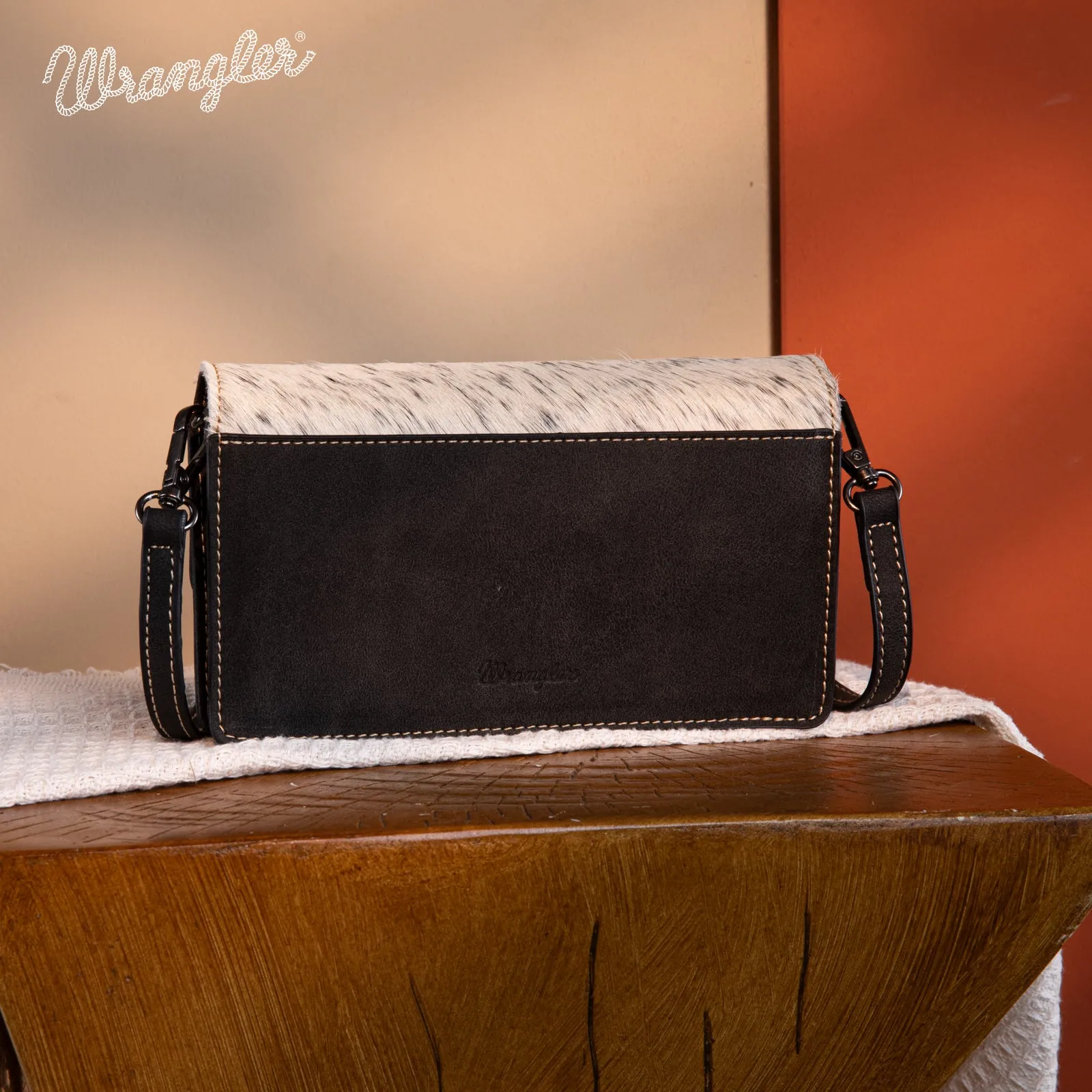 WG169-W030  Wrangler Genuine Hair-On Cowhide Wallet/Crossbody  -Black