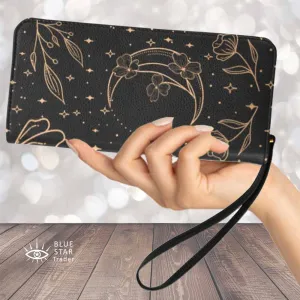 Witchy Moon Flowers Clutch Purse Zippered Wallet with Strap