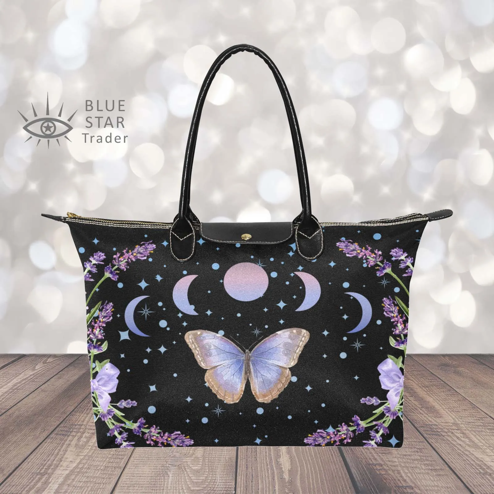 Witchy Purple Butterfly and Moon Phases Classic 15 Inch Handbag