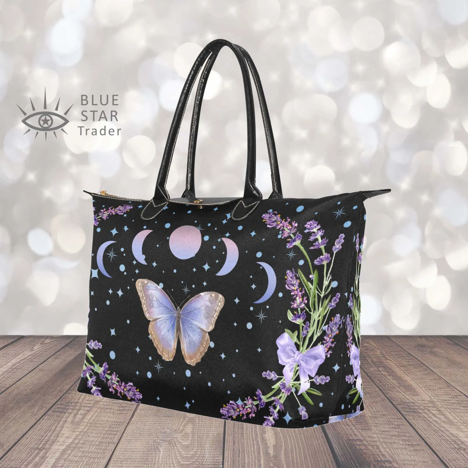 Witchy Purple Butterfly and Moon Phases Classic 15 Inch Handbag