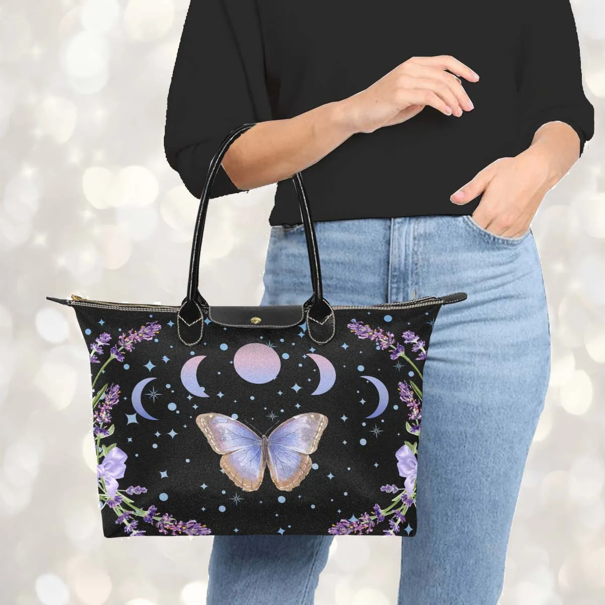Witchy Purple Butterfly and Moon Phases Classic 15 Inch Handbag
