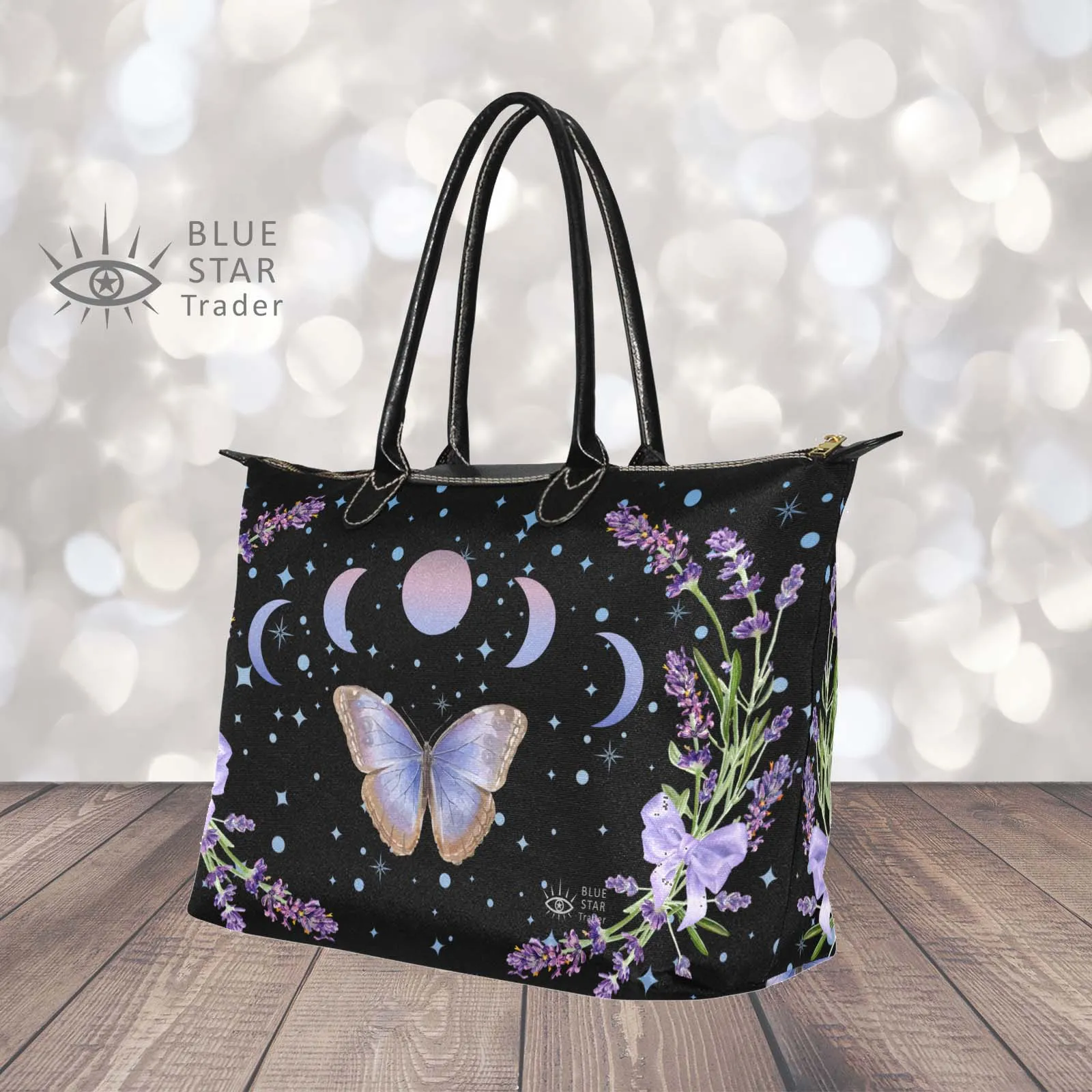 Witchy Purple Butterfly and Moon Phases Classic 15 Inch Handbag