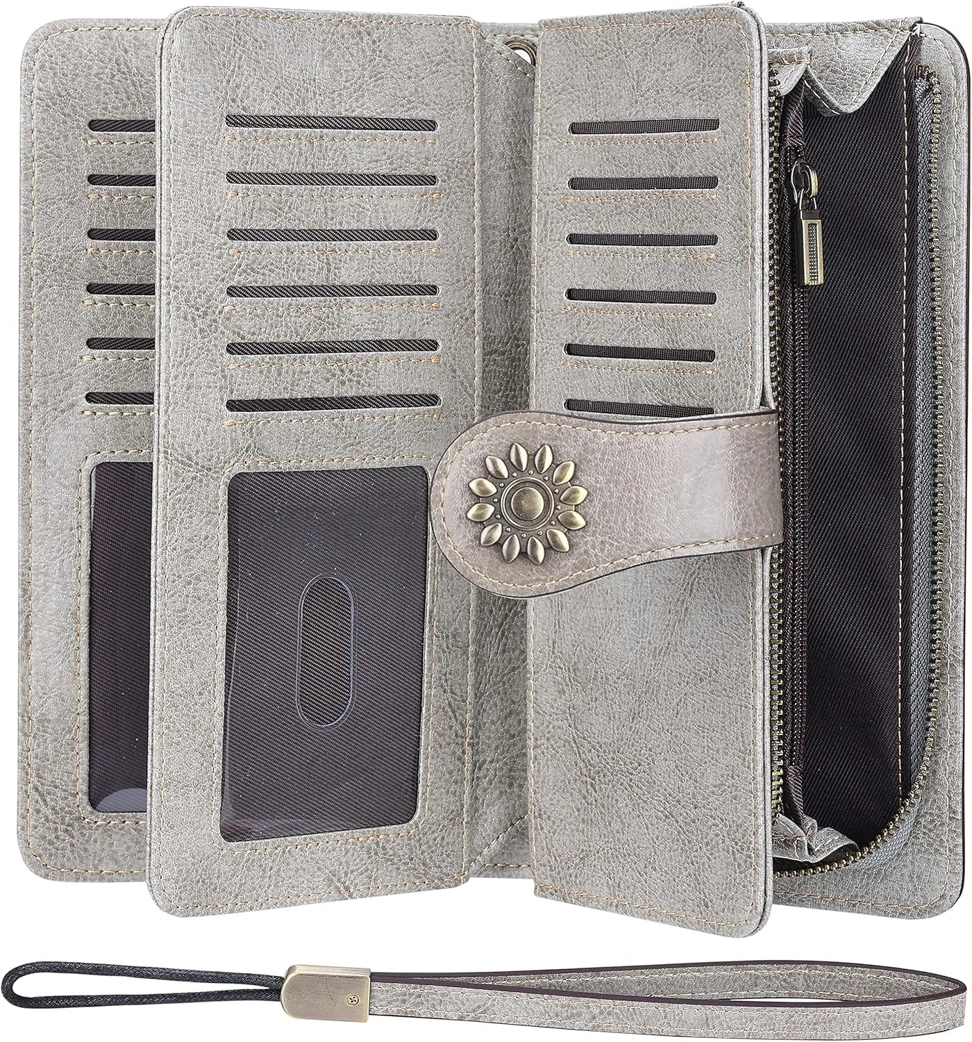 Womens Genuine Leather Clutch Wallet with Wrist Strap