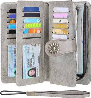 Womens Genuine Leather Clutch Wallet with Wrist Strap