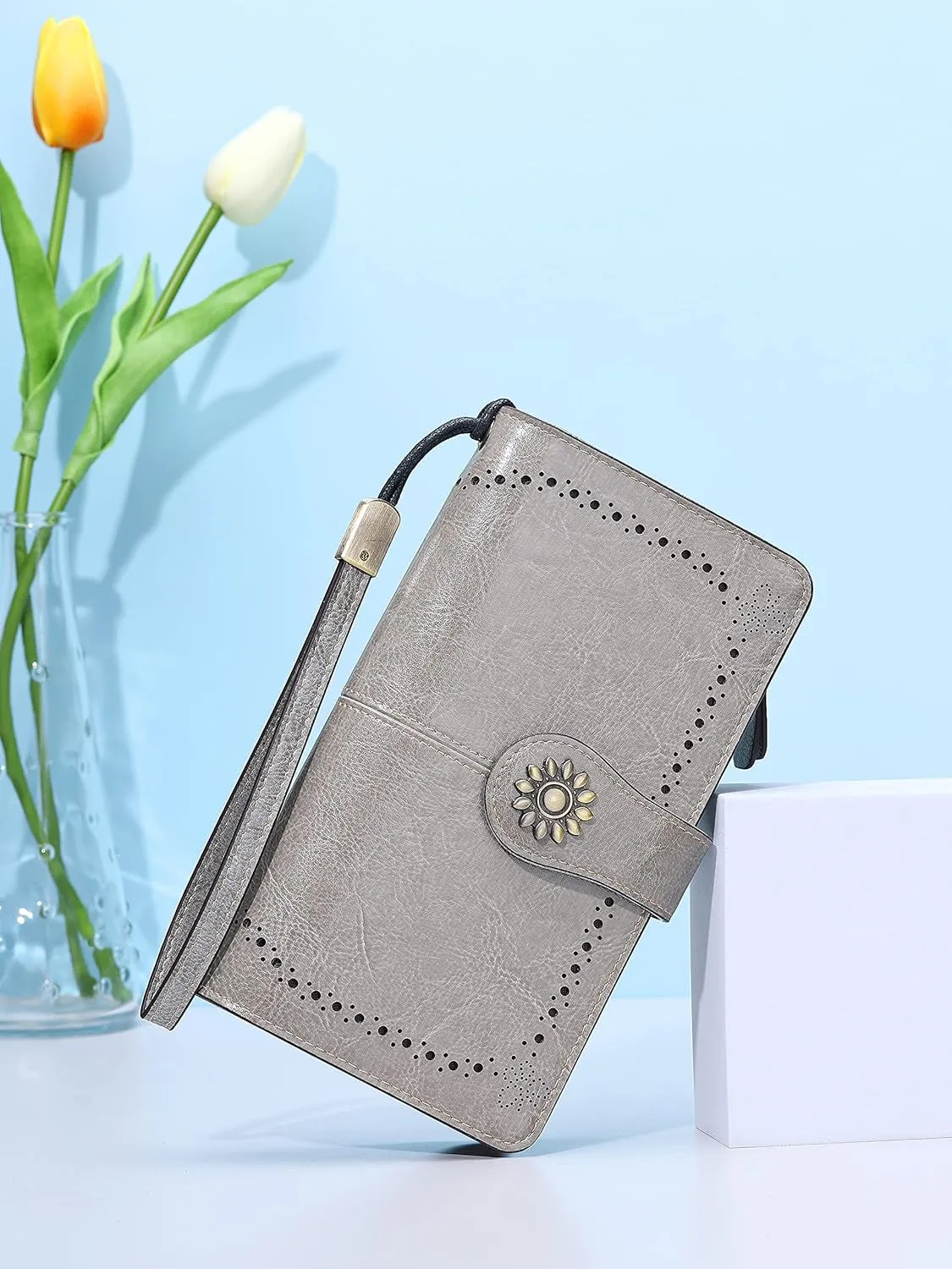 Womens Genuine Leather Clutch Wallet with Wrist Strap