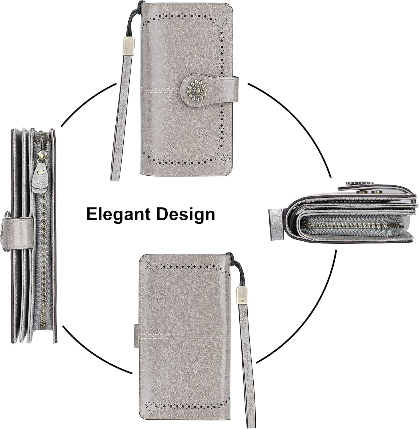 Womens Genuine Leather Clutch Wallet with Wrist Strap