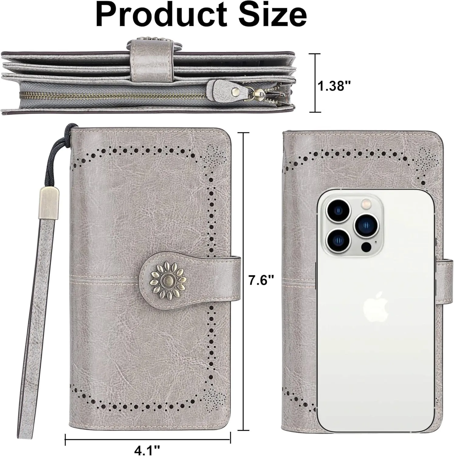 Womens Genuine Leather Clutch Wallet with Wrist Strap