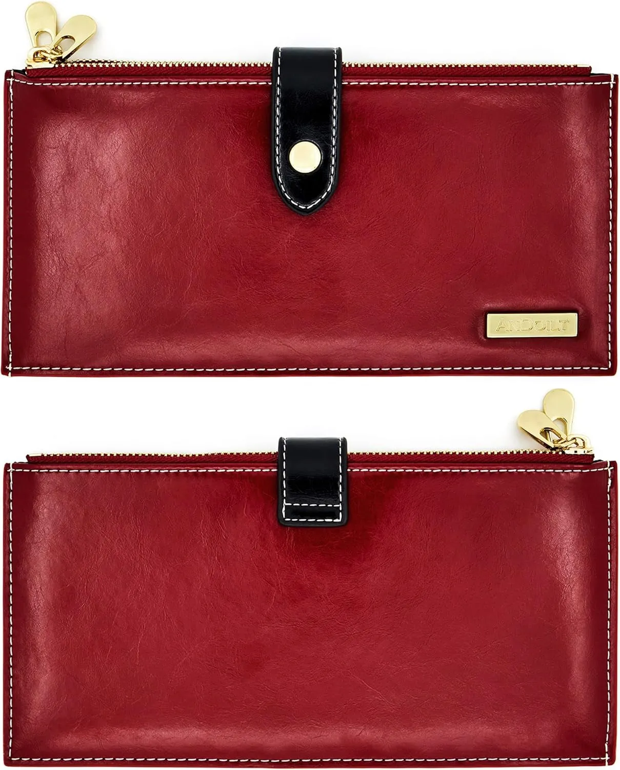 Women's Leather Clutch Wallet, Double-Zipper Credit Card Holder