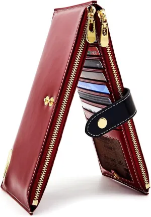 Women's Leather Clutch Wallet, Double-Zipper Credit Card Holder