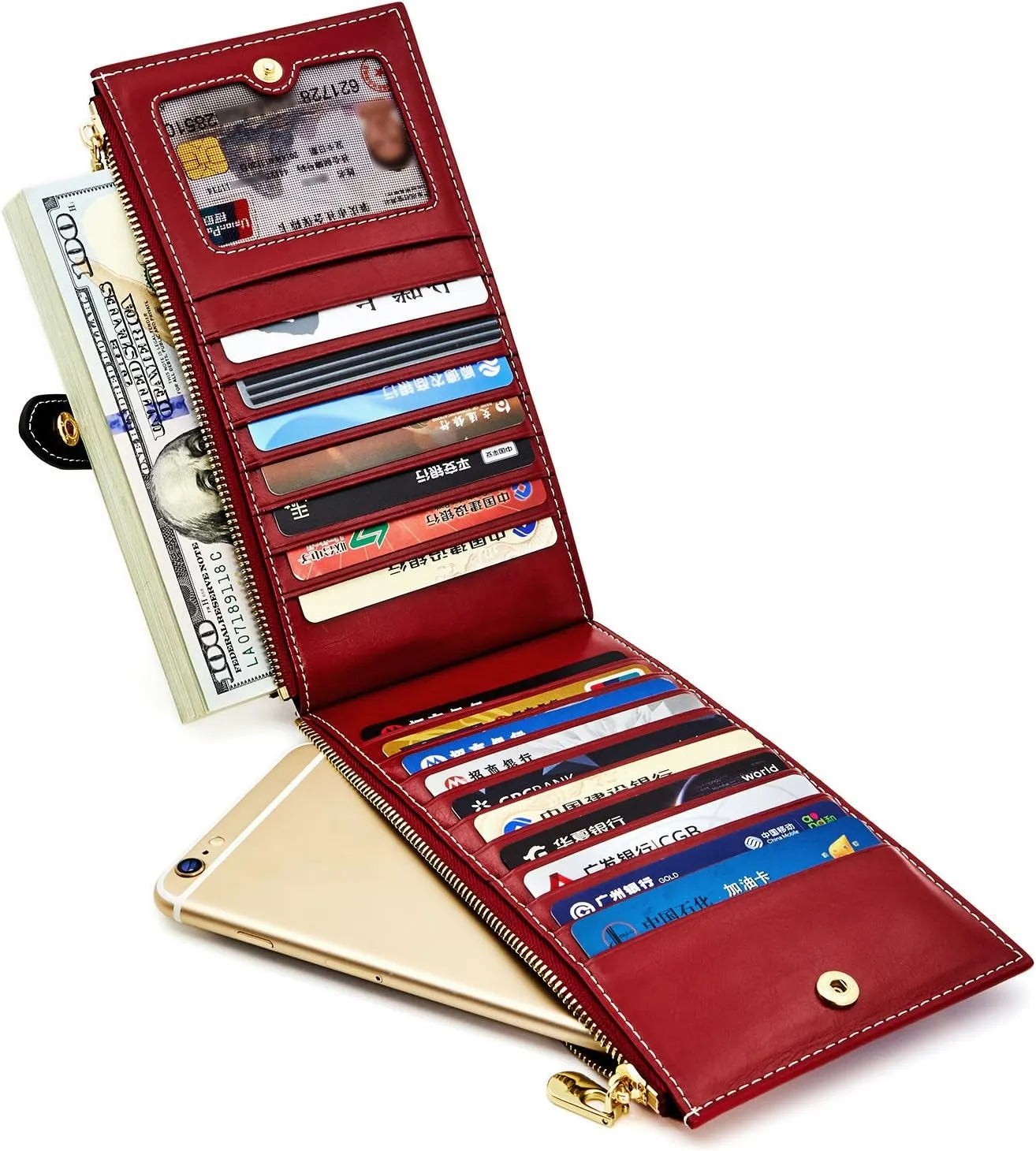 Women's Leather Clutch Wallet, Double-Zipper Credit Card Holder