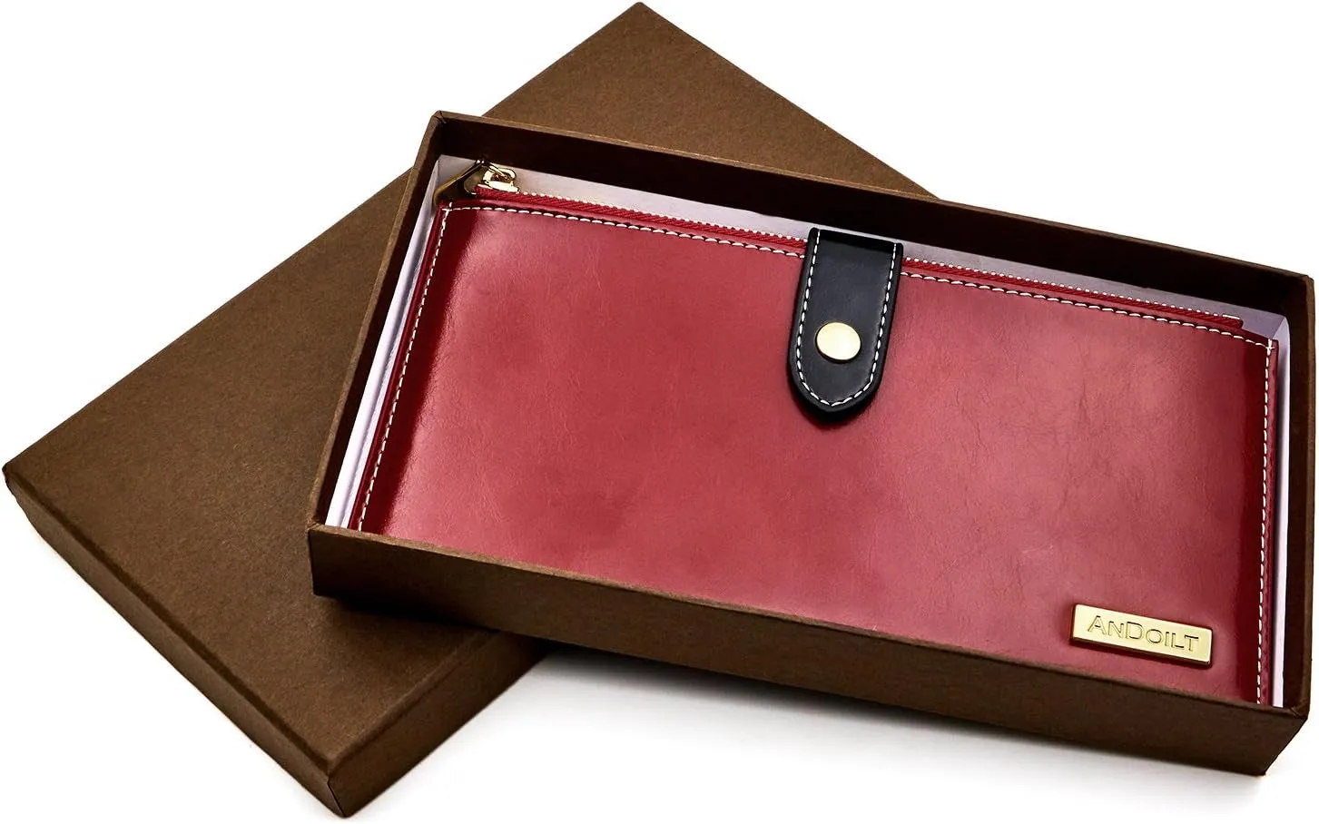 Women's Leather Clutch Wallet, Double-Zipper Credit Card Holder