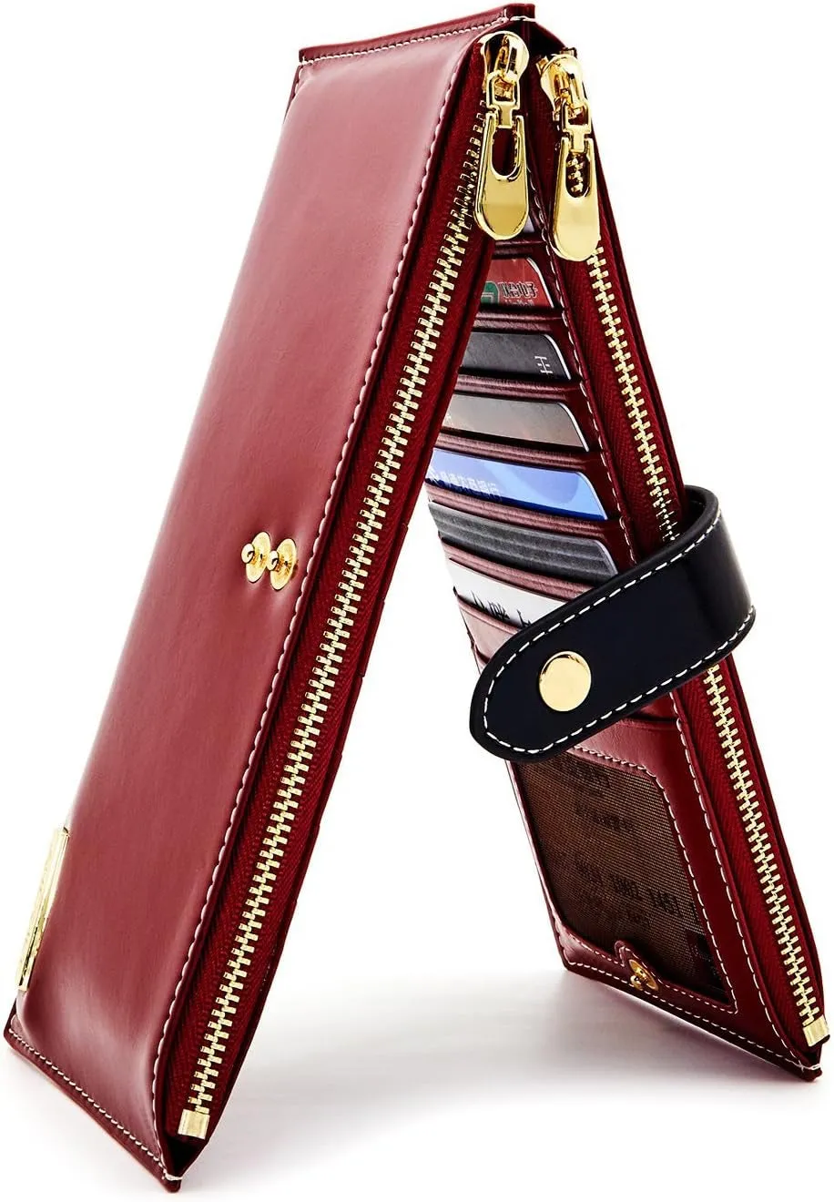 Women's Leather Clutch Wallet, Double-Zipper Credit Card Holder