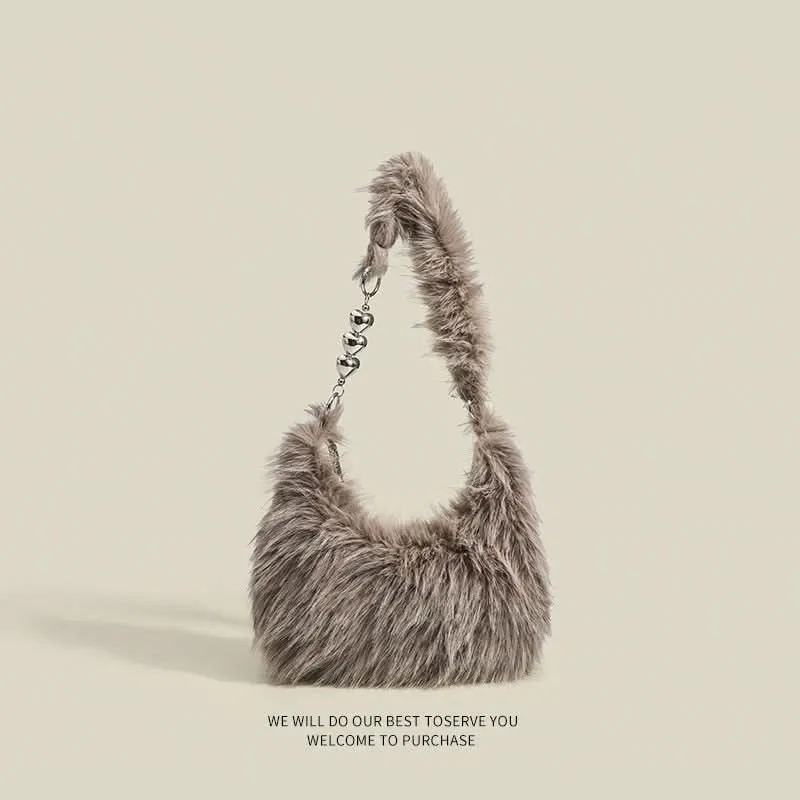 Women's Plush Fur Shoulder Bag – Trendy Korean-Style Handheld Messenger Bag