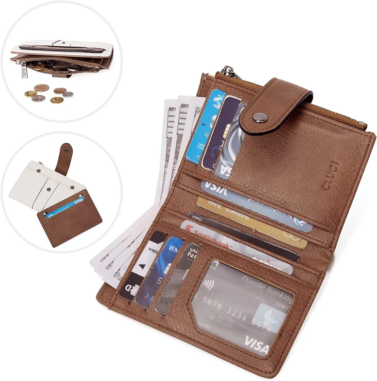Women's Small Leather Bifold Wallet with Zipper Coin pocket