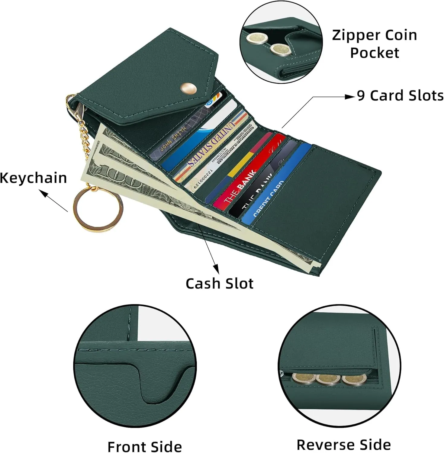 Women's Trifold Small Wallet, RFID Blocking Credit Card Holder with Keychain & Coins Zipper Pocket