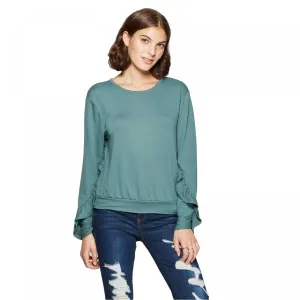 Xhilaration Women's Long Ruffle Sleeve Scoop Neck Lightweight Sweatshirt
