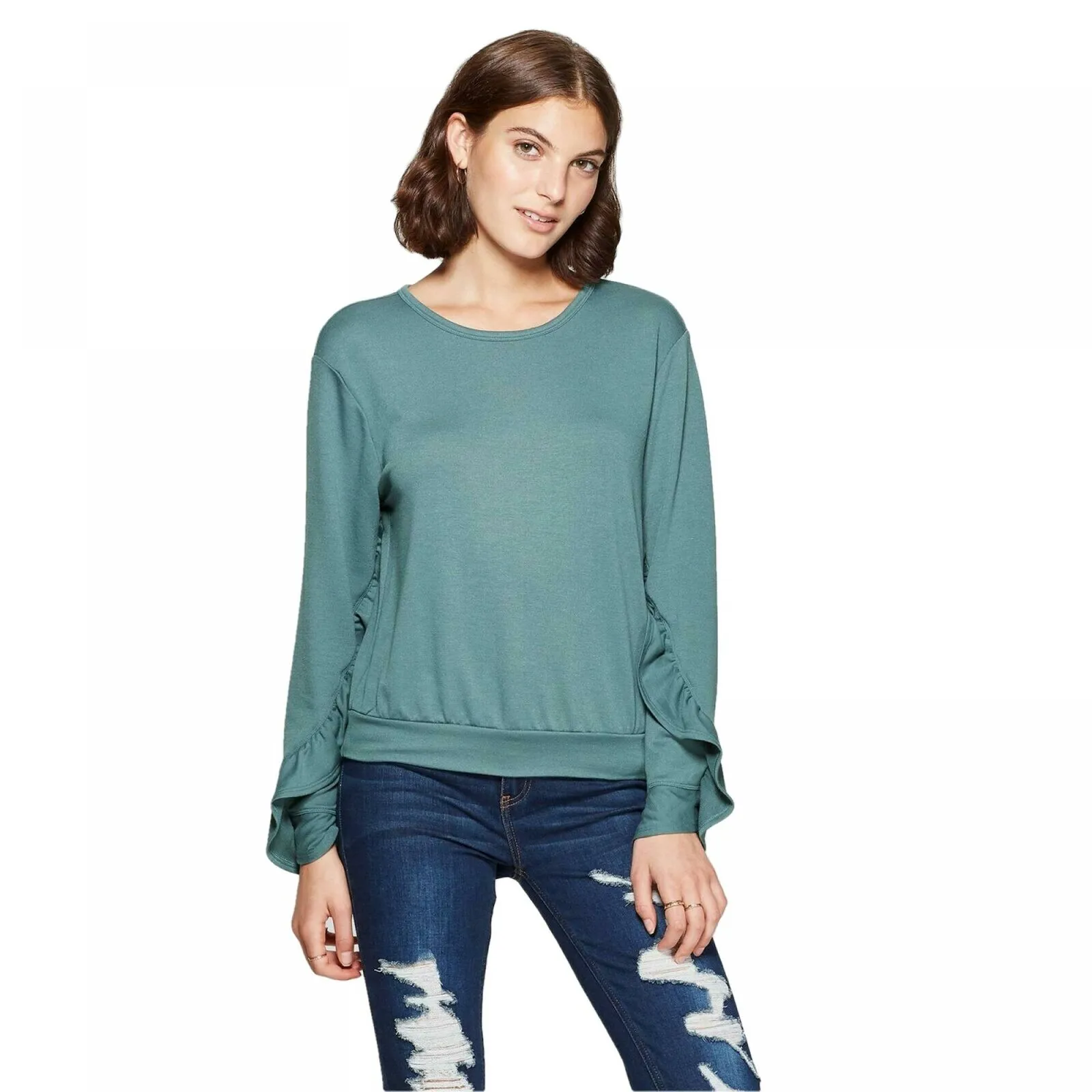Xhilaration Women's Long Ruffle Sleeve Scoop Neck Lightweight Sweatshirt